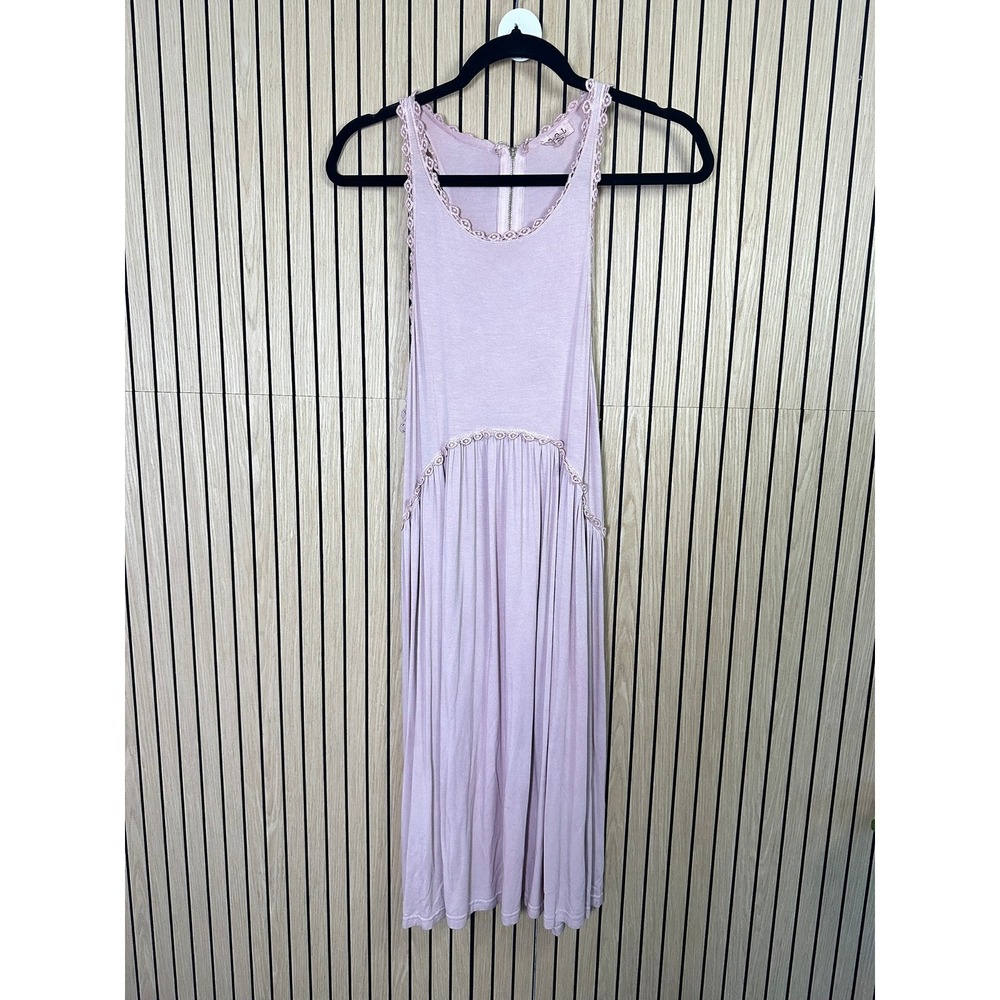 337 POL Pink Crochet Lace Trim Sleeveless Midi Dress Boho Pockets (Medium, EUC)
